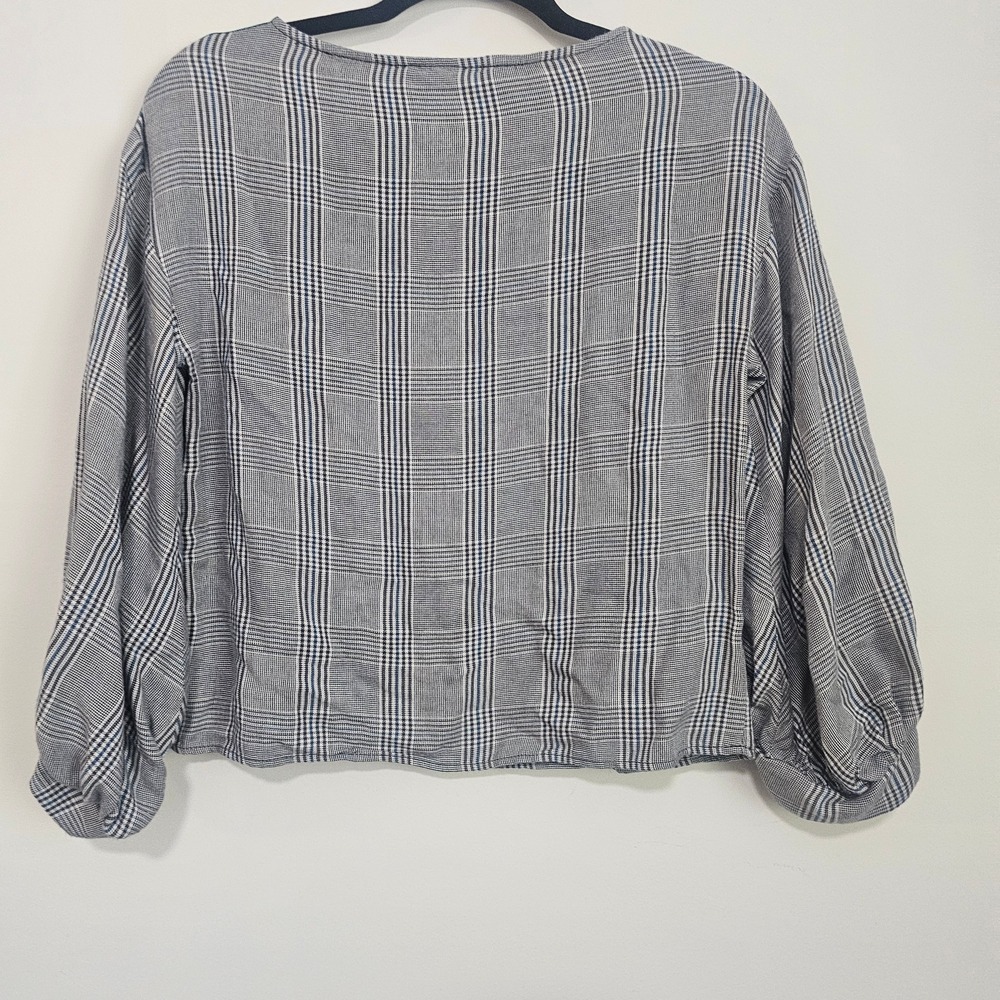 Zara Basic Women Small‎ Grey Plaid Top Green Racing Stripe Puff Sleeve Preppy ~ - Picture 2 of 7